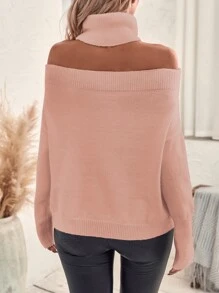 SHEIN Unity Turtleneck Batwing Sleeve Cut Out Jumper - Coral Pink - View 2