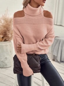 SHEIN Unity Turtleneck Batwing Sleeve Cut Out Jumper - Coral Pink - View 5