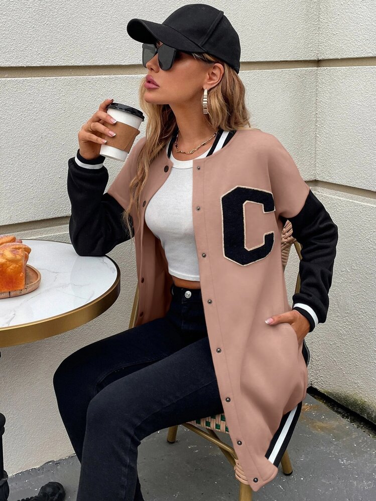 SHEIN Unity Letter Patched Colourblock Drop Shoulder Varsity Jacket - Dusty Pink - View 1
