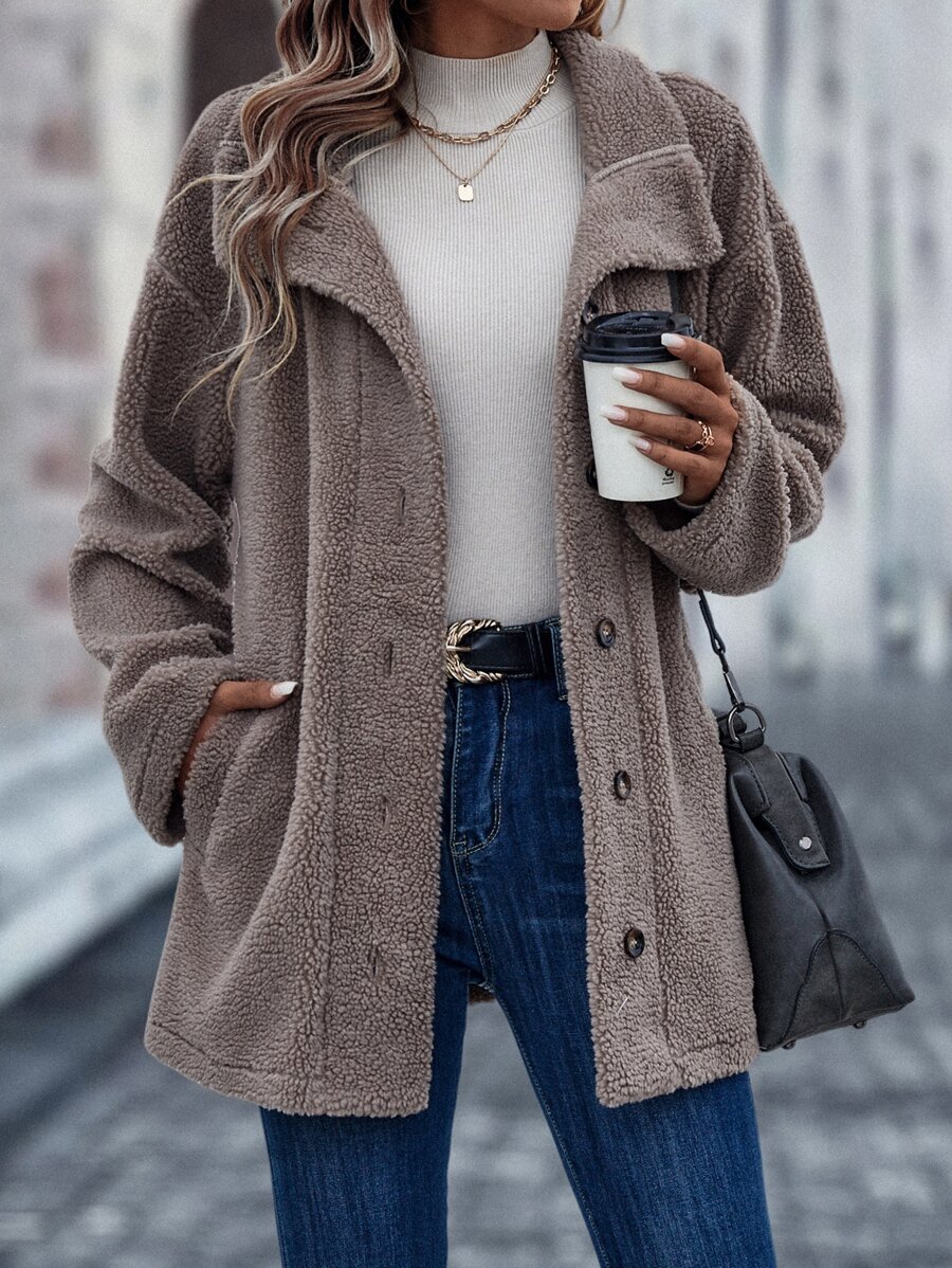 SHEIN LUNE Abrigo de hombros caídos teddy - Café integral - Ver 1