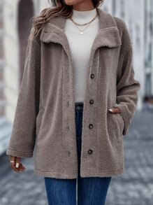 SHEIN LUNE Abrigo de hombros caídos teddy - Café integral - Ver 4