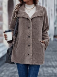 SHEIN LUNE Abrigo de hombros caídos teddy - Café integral - Ver 5