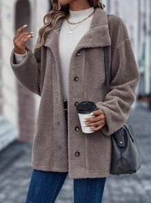 SHEIN LUNE Abrigo de hombros caídos teddy - Café integral - Ver 6