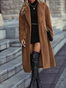 Chiquease Lapel Neck Drop Shoulder Double Breasted Teddy Coat - Brown - View 4