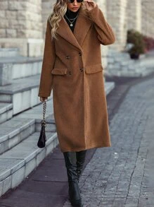 Chiquease Lapel Neck Drop Shoulder Double Breasted Teddy Coat - Brown - View 5