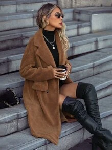 Chiquease Lapel Neck Drop Shoulder Double Breasted Teddy Coat - Brown - View 6