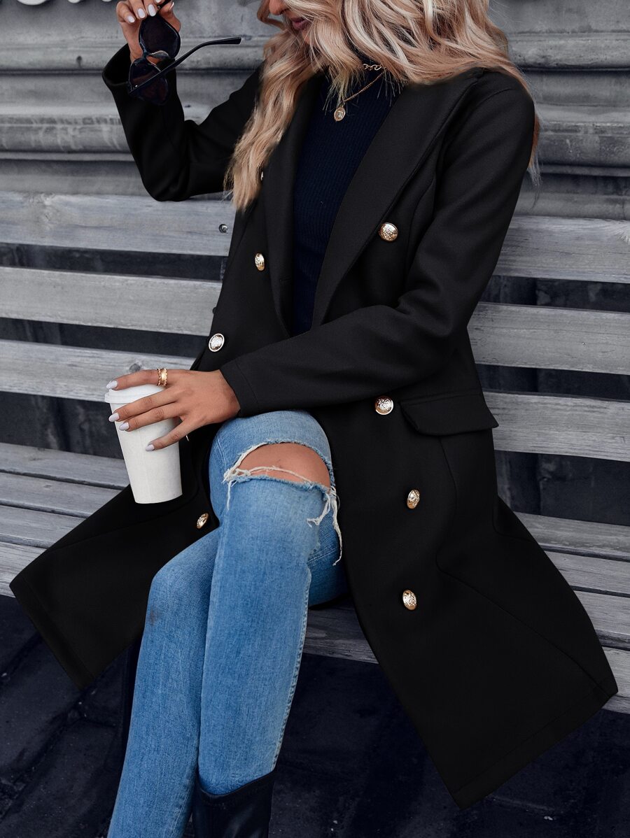 SHEIN LUNE Lapel Neck Double Breasted Overcoat - Black - View 1