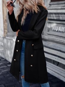 SHEIN LUNE Lapel Neck Double Breasted Overcoat - Black - View 3
