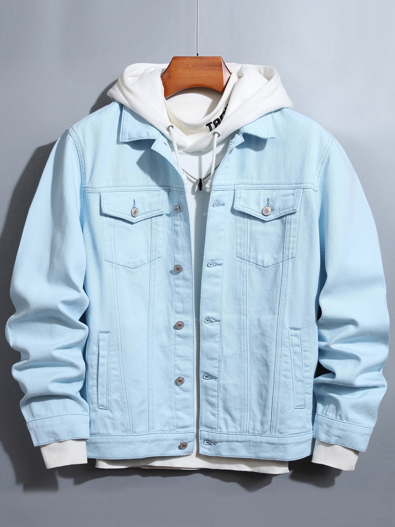 ●Bad Blue● Dot Denim Hoodie Jacket (Light Blue) Men's Denim Hoodie Jacket Casual Long Sleeve Button Down