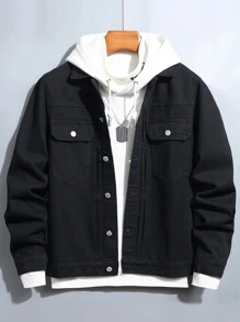 Manfinity Men Flap Pocket Denim Jacket Without Hoodie - Black - View 1