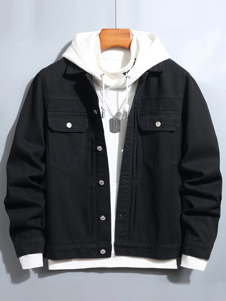 Manfinity Men Flap Pocket Denim Jacket Without Hoodie - Black - View 1