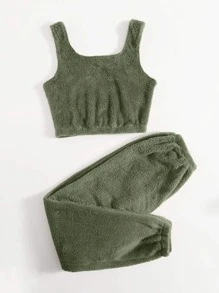 Solid Flannel Lounge Set - Army Green - View 2