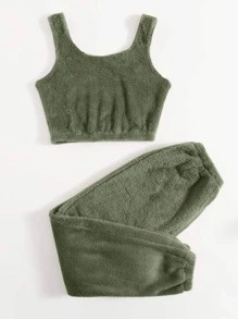 Solid Flannel Lounge Set - Army Green - View 3