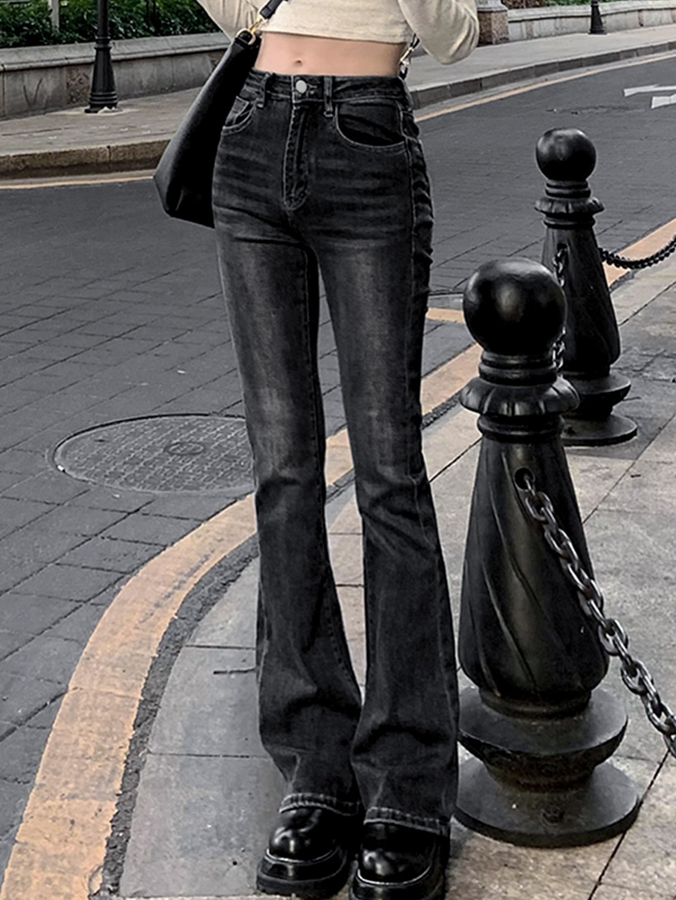 Versatile Plain Flare Pants, Gyaru Fashion Style For Everyday & Commute - Black - View 1