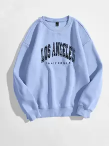 Flirla Áo nỉ Plus Size Lá thư Giải trí - Màu xanh nhạt - Xem 1