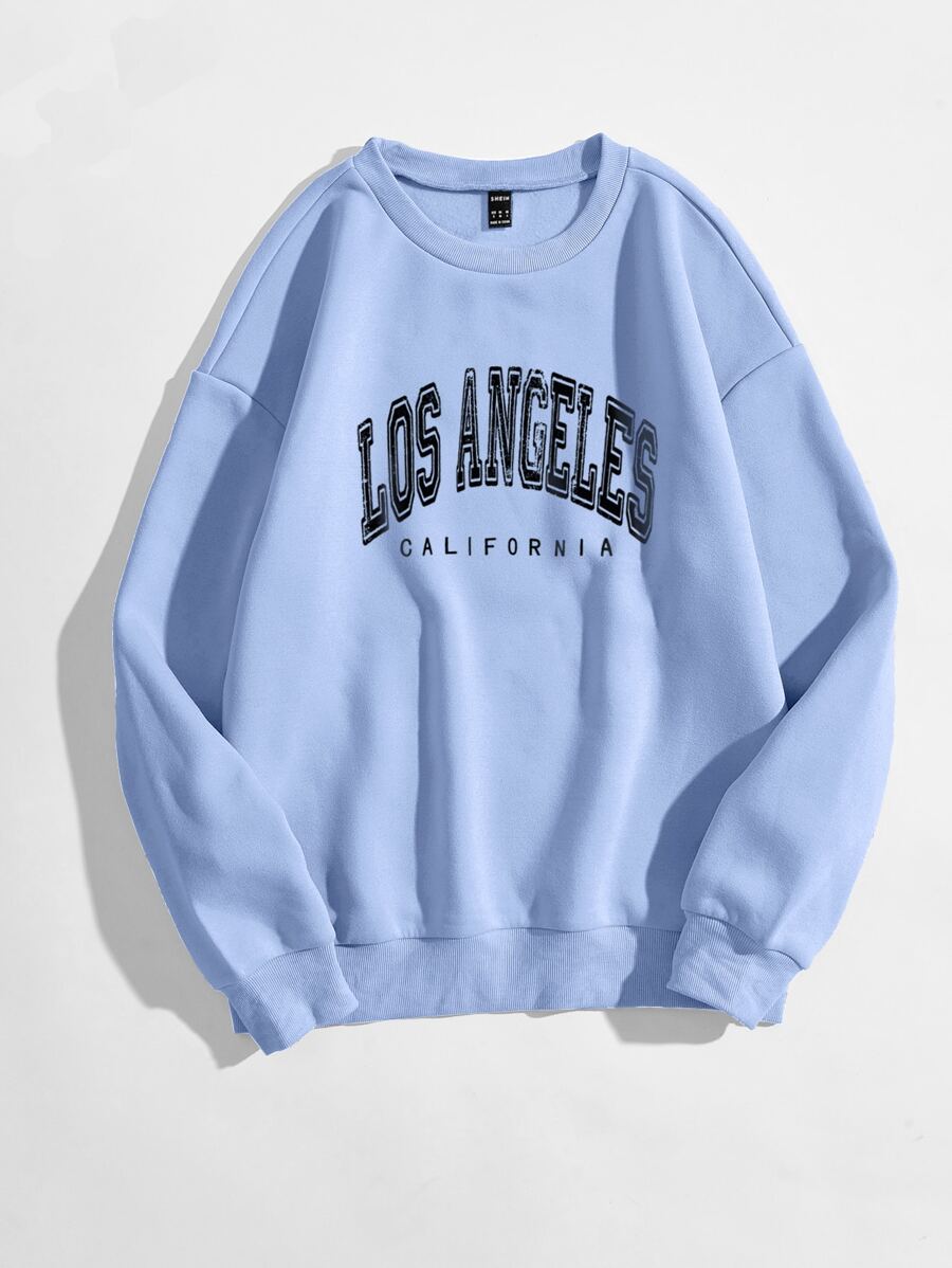 Flirla Áo nỉ Plus Size Lá thư Giải trí - Màu xanh nhạt - Xem 1