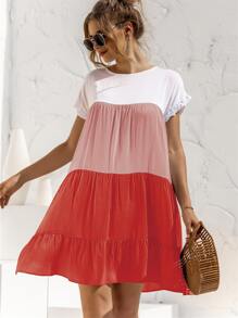 Contrast Panel Flounce Sleeve Smock Dress - Multicolor - View 1