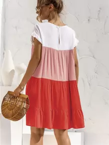 Contrast Panel Flounce Sleeve Smock Dress - Multicolor - View 2