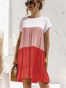 Contrast Panel Flounce Sleeve Smock Dress - Multicolor - View 5
