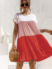 Contrast Panel Flounce Sleeve Smock Dress - Multicolor - View 6