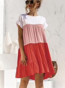 Contrast Panel Flounce Sleeve Smock Dress - Multicolor - View 7