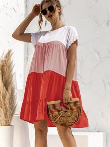 Contrast Panel Flounce Sleeve Smock Dress - Multicolor - View 8