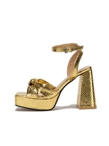 Women Braided Design Ankle Strap Sandals, Fashion Chunky Heeled Sandals Brown - Gold - View 2