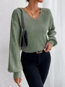 SHEIN Essnce V Neck Drop Shoulder Tee - Army Green - View 3