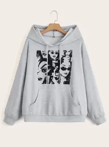 SHEIN EZwear Áo nỉ dáng rộng, họa tiết hình người, túi kangaroo, vai rớt, dây rút. - Màu Xám nhạt - Xem 1