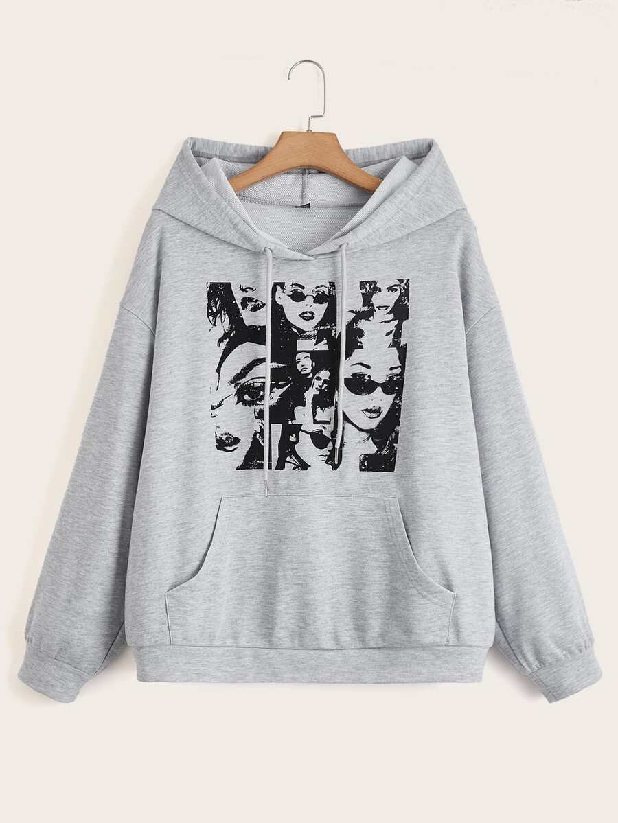 SHEIN EZwear Áo nỉ dáng rộng, họa tiết hình người, túi kangaroo, vai rớt, dây rút. - Màu Xám nhạt - Xem 1