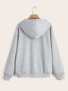 SHEIN EZwear Áo nỉ dáng rộng, họa tiết hình người, túi kangaroo, vai rớt, dây rút. - Màu Xám nhạt - Xem 2