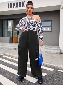 SHEIN Coolane Pantalones con diseño de parche con bolsillo con solapa - Negro - Ver 3