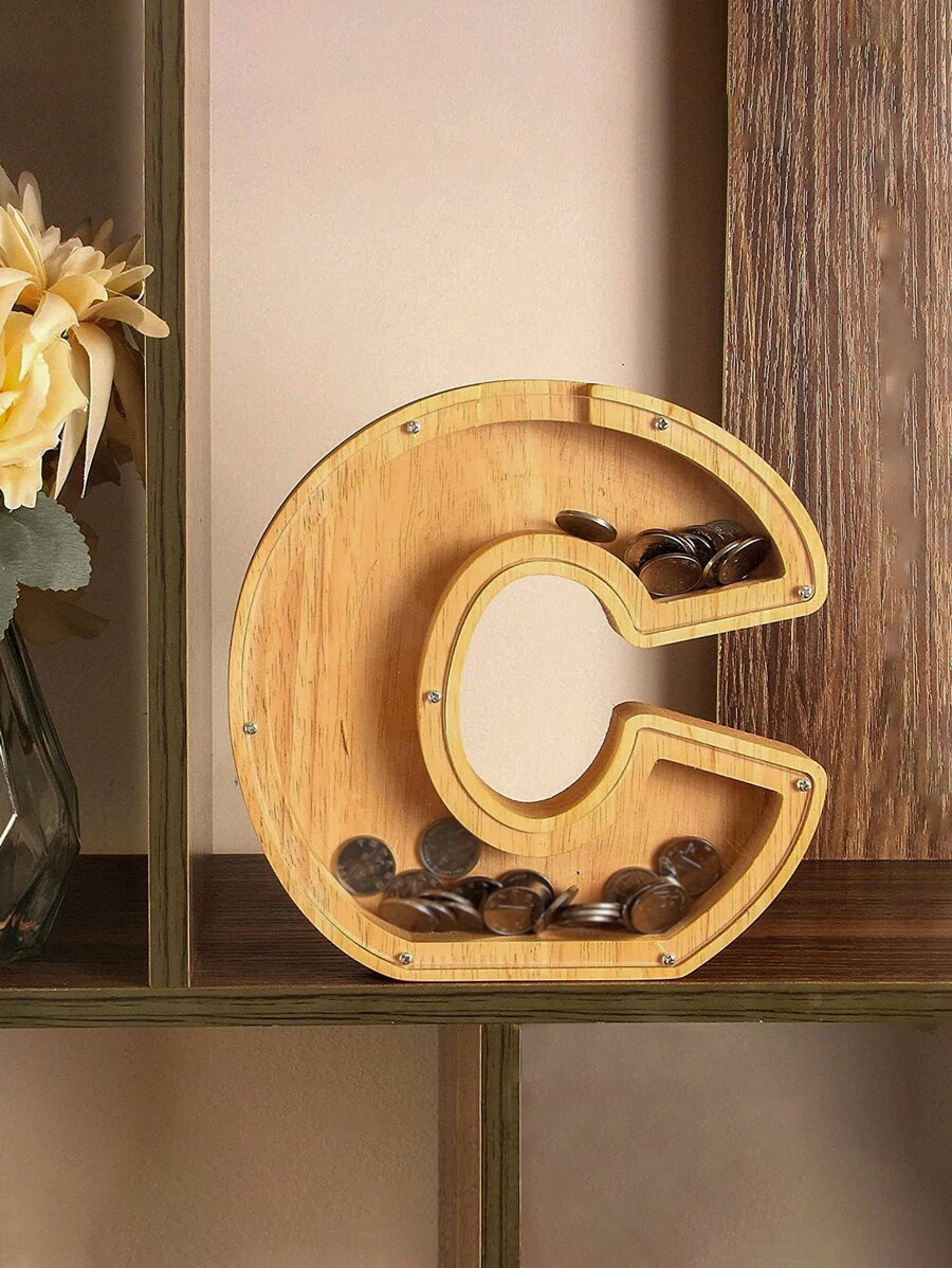 Wooden Letter Design Money Box - Khaki - View 1