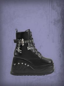 ROMWE Goth 孔眼和蝙蝠设计系带前坡跟靴秋季 - 黑色 - 查看 1