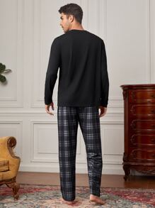 Men Plaid And Letter Graphic PJ Set - Black - View 2