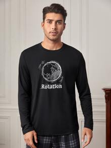 Men Plaid And Letter Graphic PJ Set - Black - View 3