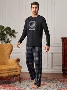 Men Plaid And Letter Graphic PJ Set - Black - View 4