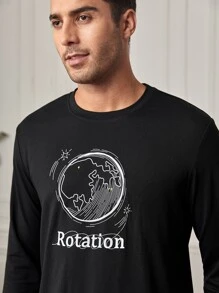 Men Plaid And Letter Graphic PJ Set - Black - View 5