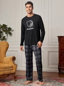 Men Plaid And Letter Graphic PJ Set - Black - View 6