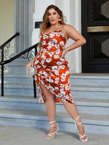 Glamaker Plus Floral Print Draped Drawstring Side Satin Cami Dress - Multicolor - View 4