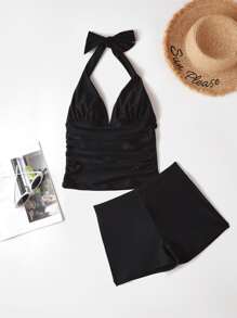 Shapewave Summer Beach Plain Tummy Control Halter Shorts Tankini - Black - View 3