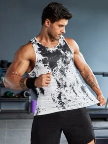 Fitness Men Tie Dye Sports Tank Top - Black and White - View 3