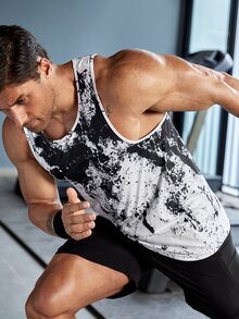 Fitness Men Tie Dye Sports Tank Top - Black and White - View 4