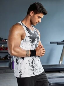 Fitness Men Tie Dye Sports Tank Top - Black and White - View 6