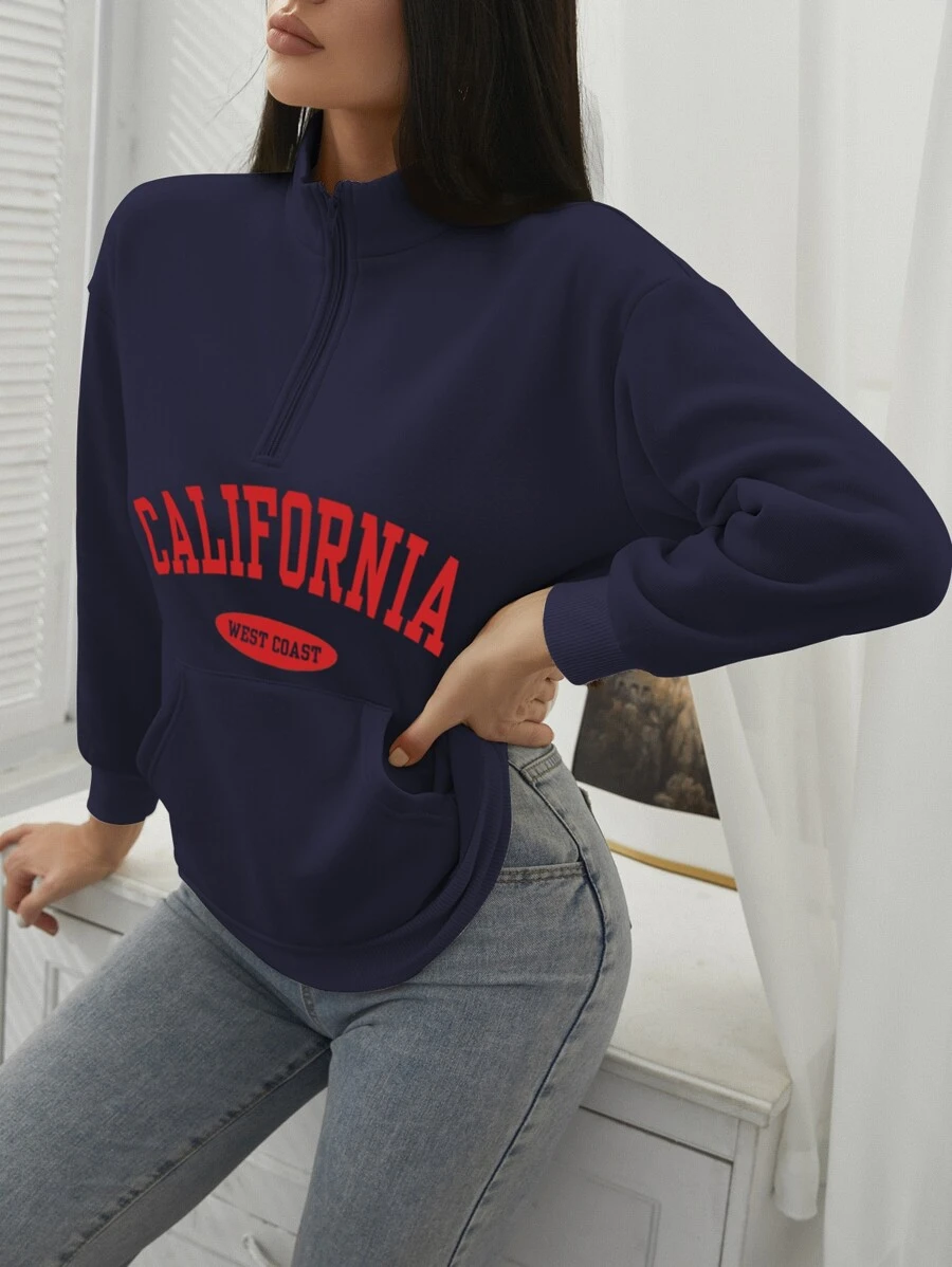 SHEIN EZwear Letter Graphic Half Zip Drop Shoulder Sweatshirt - Navy Blue - View 1
