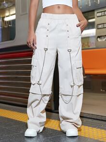 鏈條細節翻蓋口袋工裝褲