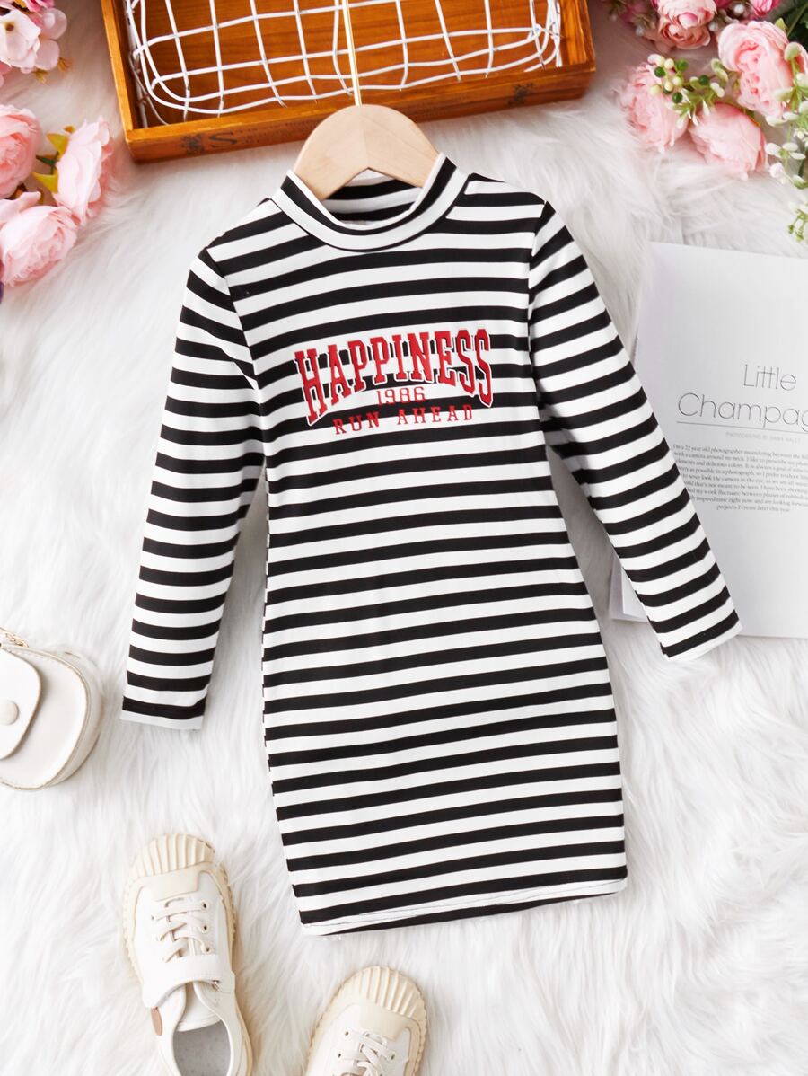 SHEIN 小女童條紋和字母圖案小高領連衣裙 - 黑與白 - 查看 1