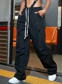 Drawstring Waist Flap Pocket Parachute Cargo Pants