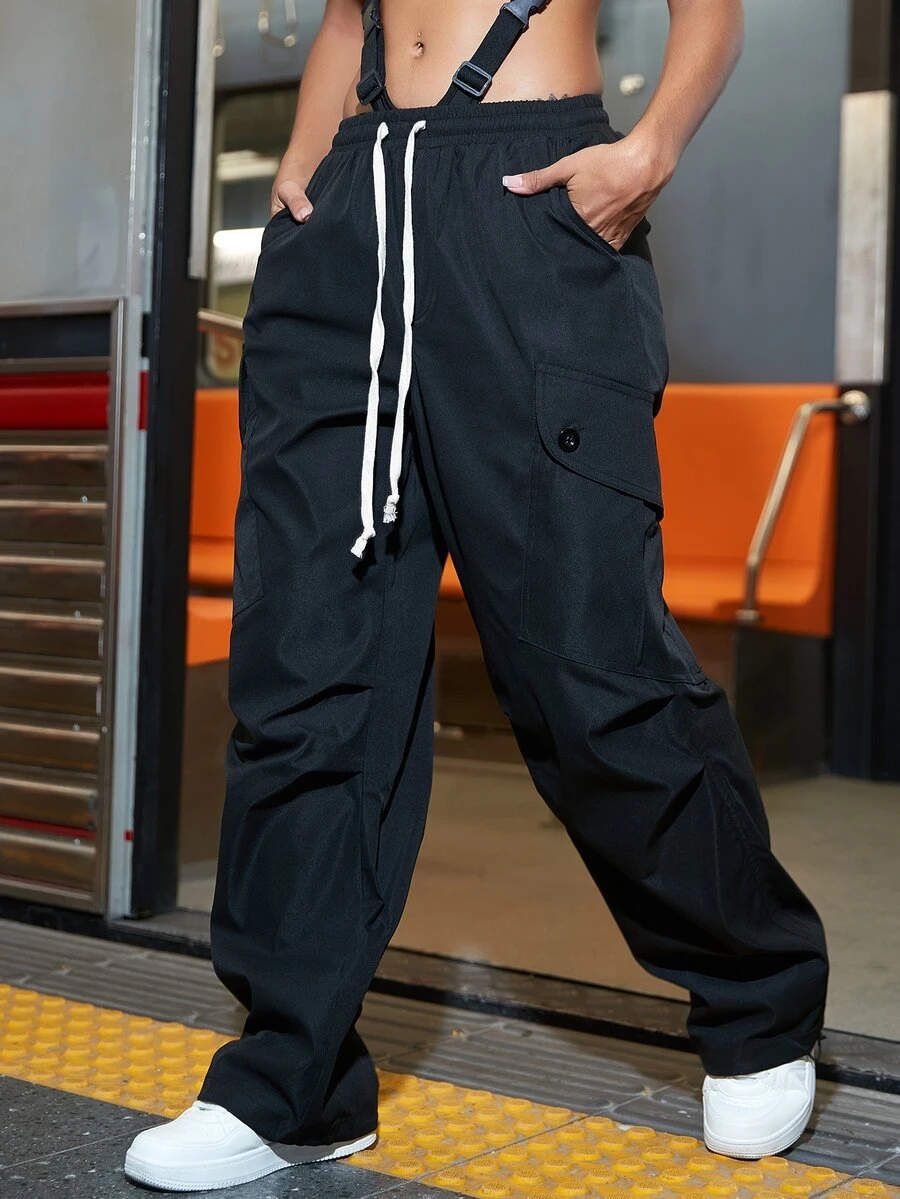 Drawstring Waist Flap Pocket Parachute Cargo Pants