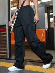 Drawstring Waist Flap Pocket Parachute Cargo Pants